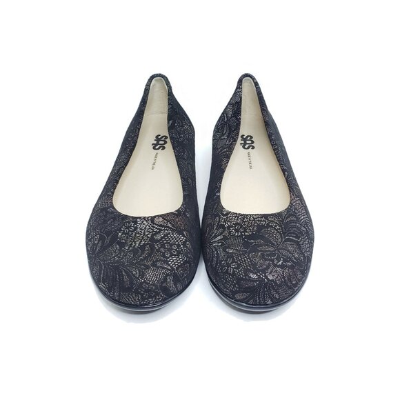 SAS Dream Comfort Flat Black Floral Fabric Round Toe Womens US 7.5 Made in USA - Picture 3 of 9